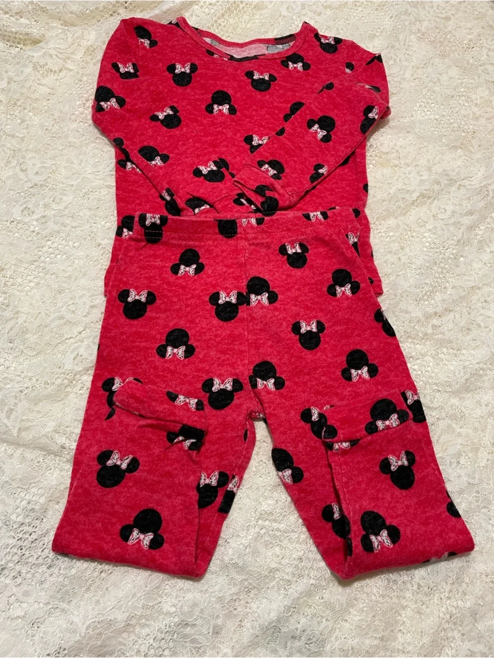 Disney Pink-Red Minnie Mouse Print Two-Piece Pajama Set